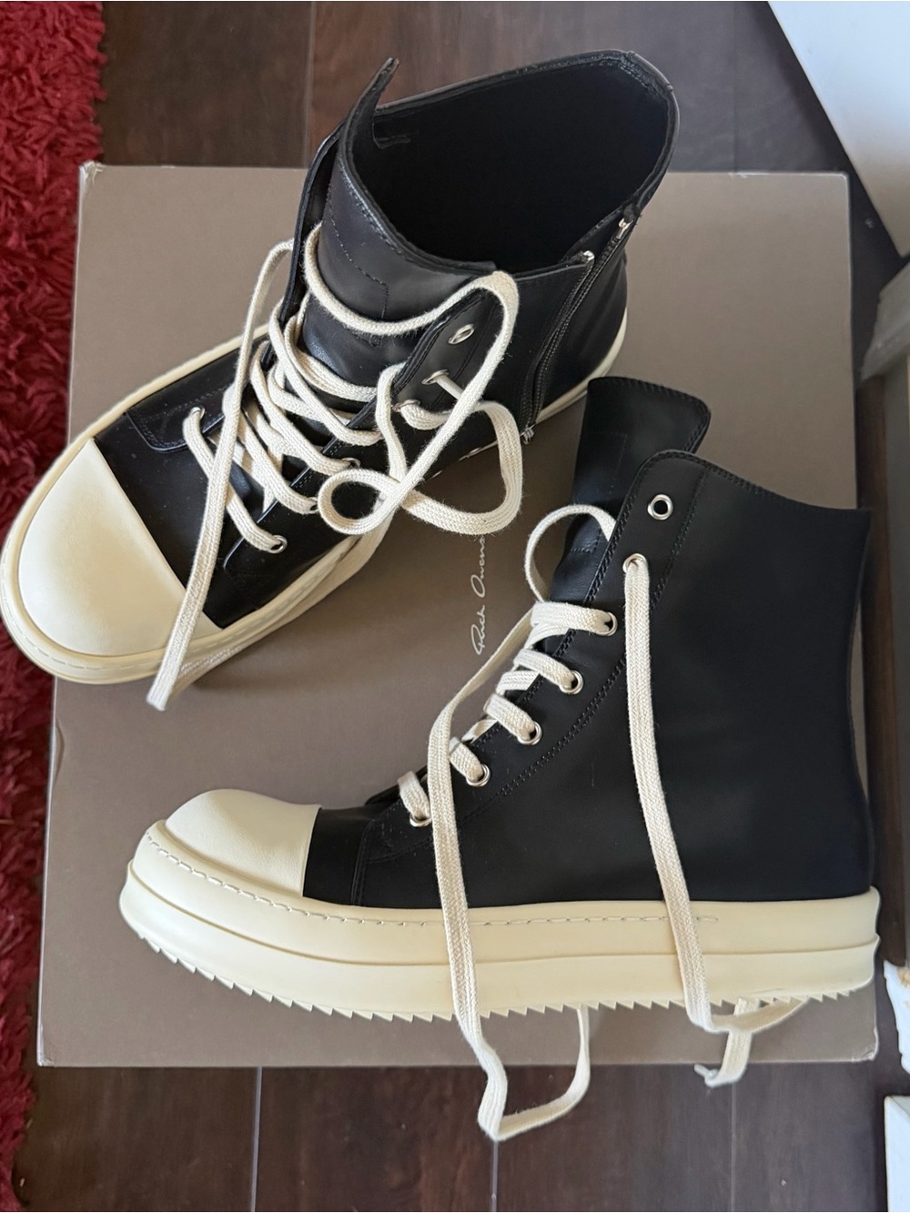 Rick Owens Black and Cream High-Top Lace-Up Sneakers